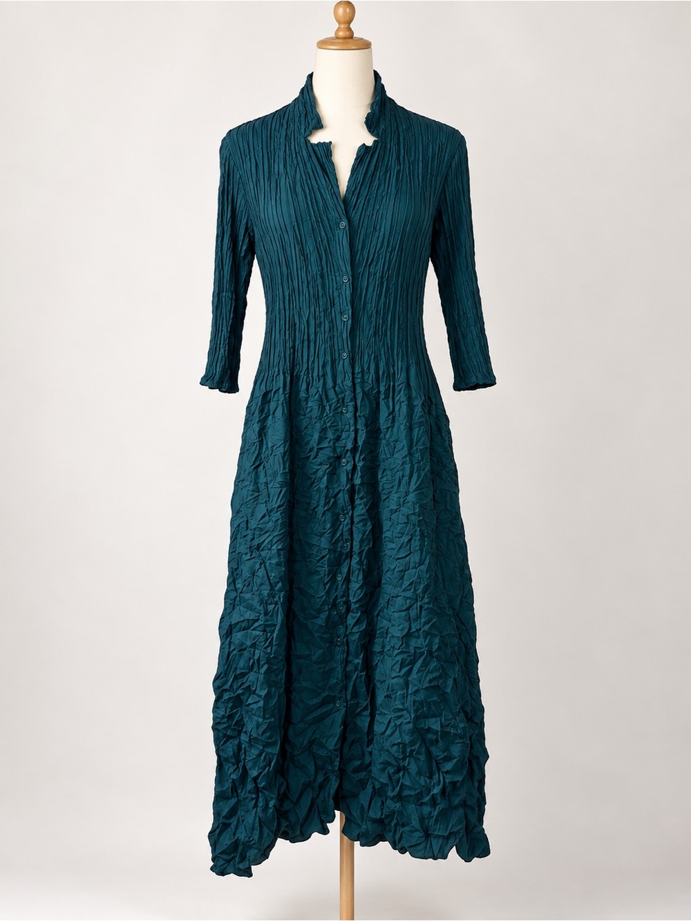 Alquema Smash Collar Coat Dress Peacock Teal Crinkle Pleated Small Art To Wear